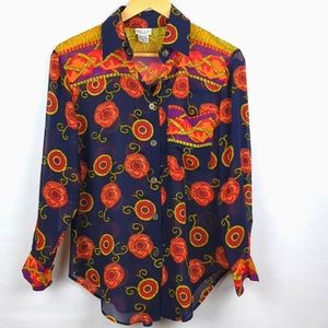 NICOLA Women's Long Sleeve Sheer Blouse Navy Orange Multi Pattern